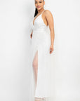 Pleated Mesh Slit Maxi Dress