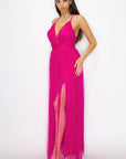 Pleated Mesh Slit Maxi Dress