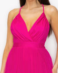 Pleated Mesh Slit Maxi Dress