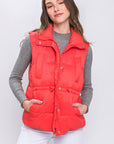 Zip Up Button Puffer Vest With Waist Toggles
