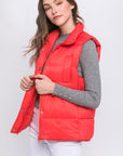 Zip Up Button Puffer Vest With Waist Toggles