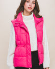 Zip Up Button Puffer Vest With Waist Toggles