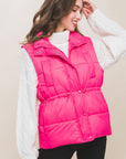 Zip Up Button Puffer Vest With Waist Toggles