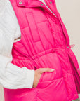 Zip Up Button Puffer Vest With Waist Toggles