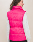 Zip Up Button Puffer Vest With Waist Toggles