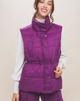 Zip Up Button Puffer Vest With Waist Toggles