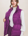Zip Up Button Puffer Vest With Waist Toggles