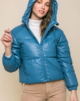 Pu Faux Leather Zipper Hooded Puffer Jacket