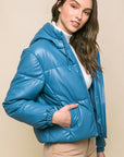 Pu Faux Leather Zipper Hooded Puffer Jacket