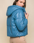 Pu Faux Leather Zipper Hooded Puffer Jacket