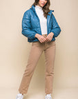 Pu Faux Leather Zipper Hooded Puffer Jacket
