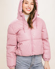 Pu Faux Leather Zipper Hooded Puffer Jacket