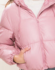 Pu Faux Leather Zipper Hooded Puffer Jacket