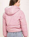 Pu Faux Leather Zipper Hooded Puffer Jacket