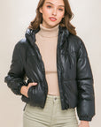 Pu Faux Leather Zipper Hooded Puffer Jacket