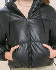 Pu Faux Leather Zipper Hooded Puffer Jacket