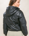 Pu Faux Leather Zipper Hooded Puffer Jacket