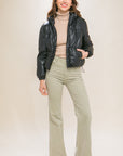 Pu Faux Leather Zipper Hooded Puffer Jacket