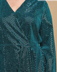 Metallic Wrap Dress With Split Cuff And Snap Buttons