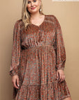 Printed Velvet V-neck Dress With Button Front Detail
