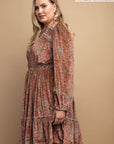 Printed Velvet V-neck Dress With Button Front Detail