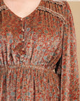 Printed Velvet V-neck Dress With Button Front Detail