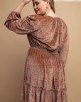 Printed Velvet V-neck Dress With Button Front Detail