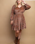 Printed Velvet V-neck Dress With Button Front Detail