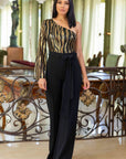 One Shoulder Zebra Sequins Jumpsuit