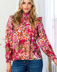 Floral Mock Neck Smocked Yoke Blouse
