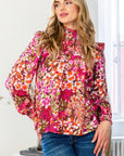 Floral Mock Neck Smocked Yoke Blouse