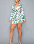 Tropical Satin Long Sleeve Romper W/collar & Tie Detail Front