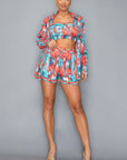 Multi Printed Chiffon Button Down Long Sleeve Shirt/crop Top/short 3 Pcs Set