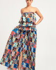 Printed Ruffle Top And Pleated Skirt Set