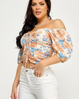 Floral Print Lace Up Ruched Crop Top