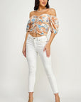 Floral Print Lace Up Ruched Crop Top