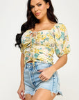 Floral Print Lace Up Ruched Crop Top
