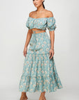 Floral Off Shoulder Sleeve Back Tie Top Skirt Set