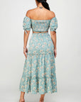 Floral Off Shoulder Sleeve Back Tie Top Skirt Set