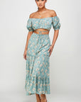 Floral Off Shoulder Sleeve Back Tie Top Skirt Set
