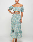 Floral Off Shoulder Sleeve Back Tie Top Skirt Set