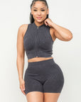 Washed Seamless Zipper Top And Shorts Set