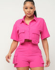Front Button Down Side Pockets Top And Shorts Set