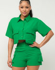 Front Button Down Side Pockets Top And Shorts Set