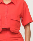 Front Button Down Side Pockets Top And Shorts Set