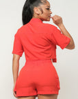 Front Button Down Side Pockets Top And Shorts Set