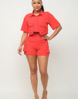Front Button Down Side Pockets Top And Shorts Set