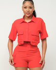 Front Button Down Side Pockets Top And Shorts Set