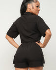 Front Button Down Side Pockets Top And Shorts Set