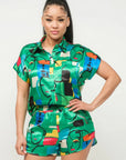 Satin Dolman Print Button Down Top And Shorts Set